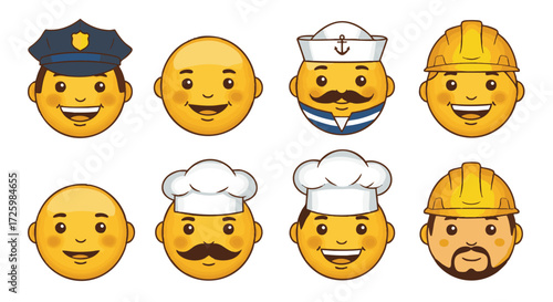 A collection of eight smiling emoji faces representing various professions like police officer, sailor, chef, and construction worker.