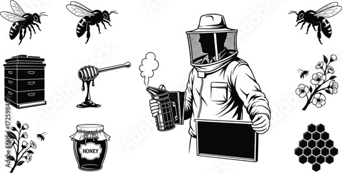 Beekeeper silhouette with bees, honeycomb, hive, honey jar, flowers, pollination, smoker tool, beekeeping equipment vector design