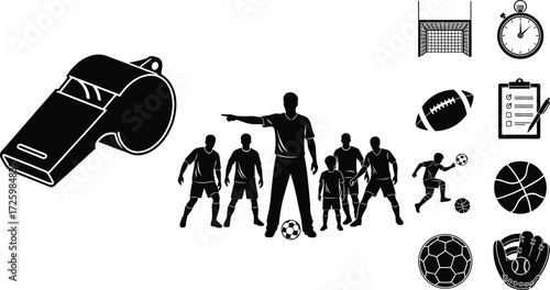 Sports coach silhouette training young athletes, teamwork instruction, soccer practice guidance, referee whistle, strategy planning, fitness leadership design