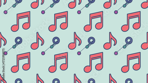 A seamless pattern of red musical notes and microphones on a light green background creating a musical design