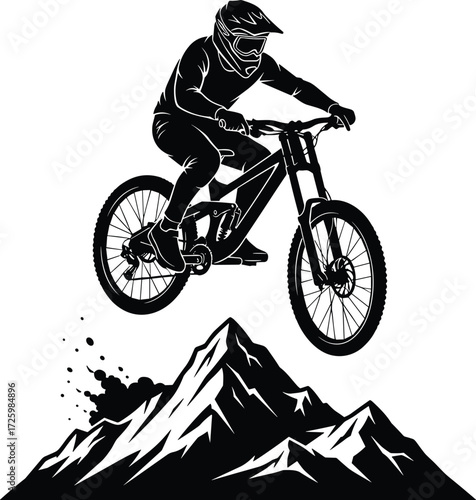 Mountain biker silhouette jumping over rocky peak, downhill cycling extreme sports, adventure trail riding, freestyle stunt, outdoor competition design
