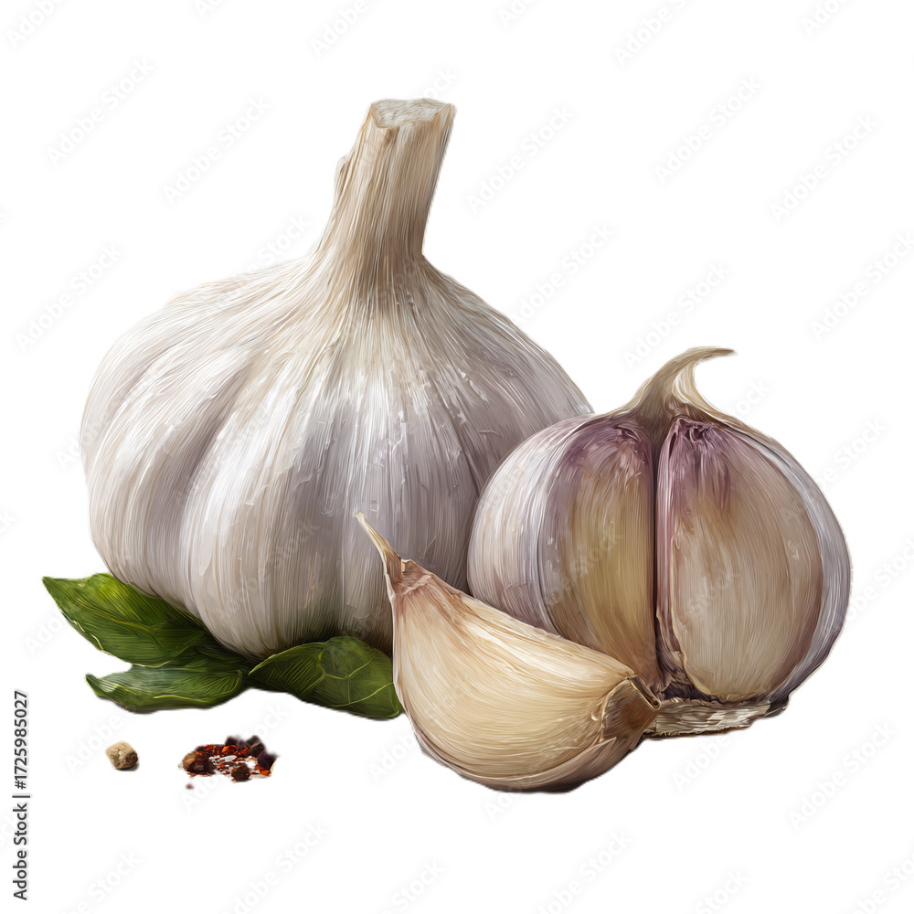 Obraz premium Garlic bulb isolated spice ingredient cooking herbal medicine organic food preparation seasoning visuals and culinary design graphics