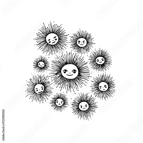 A collection of whimsical sun like faces with spiky rays in a playful monochrome illustration style