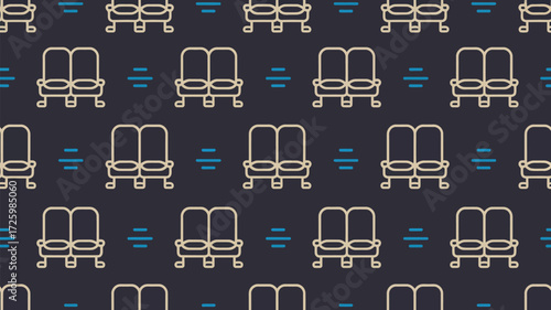 Repeated pattern of stylized double seats with horizontal lines on a dark background design art