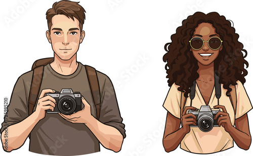 Young photographers, outdoor lifestyle, camera gear, travel adventure, urban exploration, candid moment, hobbyist photography, stylish duo, creative pursuit, sunny day