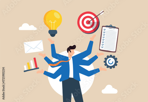 Flat illustration of smart businessman with multiple hands manages project while implementing strategic plan for development