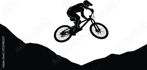 Mountain biker silhouette jumping downhill on rugged trail, extreme cycling vector illustration, outdoor adventure sport, adrenaline action design