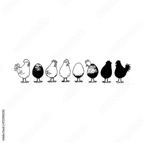 Line of chickens and eggs in varying shades of black and white on a plain white background art drawing