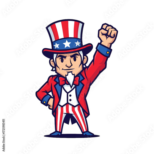Uncle Sam Cartoon Character Raising Fist in Patriotic Red, White, and Blue Outfit