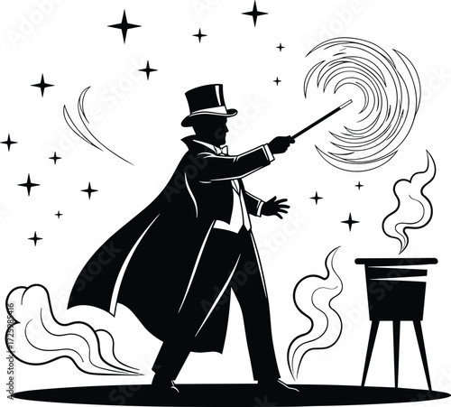 Magician silhouette performing with magic wand, stars, smoke and hat on stage, illusionist vector illustration design