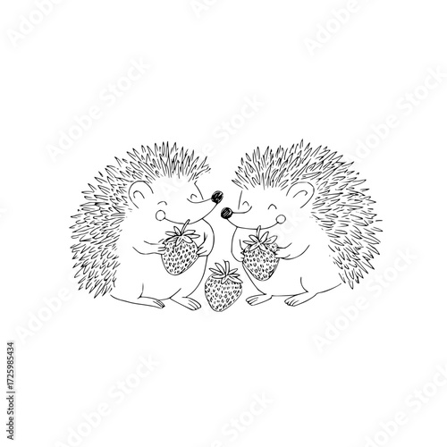 Two hedgehogs facing each other holding strawberries with a strawberry between them line art style