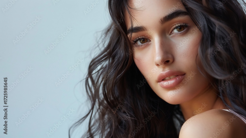 Obraz premium Close up of a beautiful woman with brown hair and eyes looking at the camera on a light background