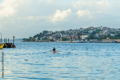 View of a coastal town on a hillside next to a fishing pier, Salvador Bahia