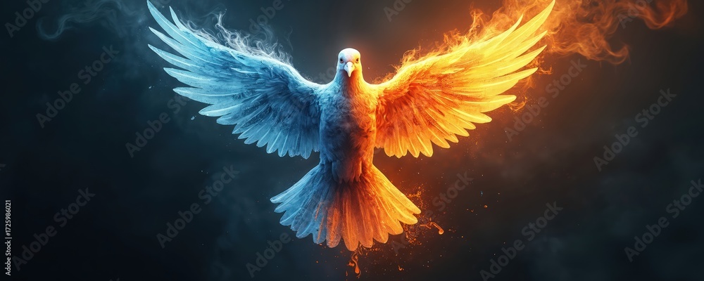 Obraz premium Artistic representation of dove end of war, dawn of peace. One wing formed by icy blue water elements, by vibrant fiery orange flames. Contrast harmony, conflict resolution.