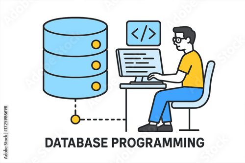 Database programming concept with a developer working at a desk in a modern workspace setting
