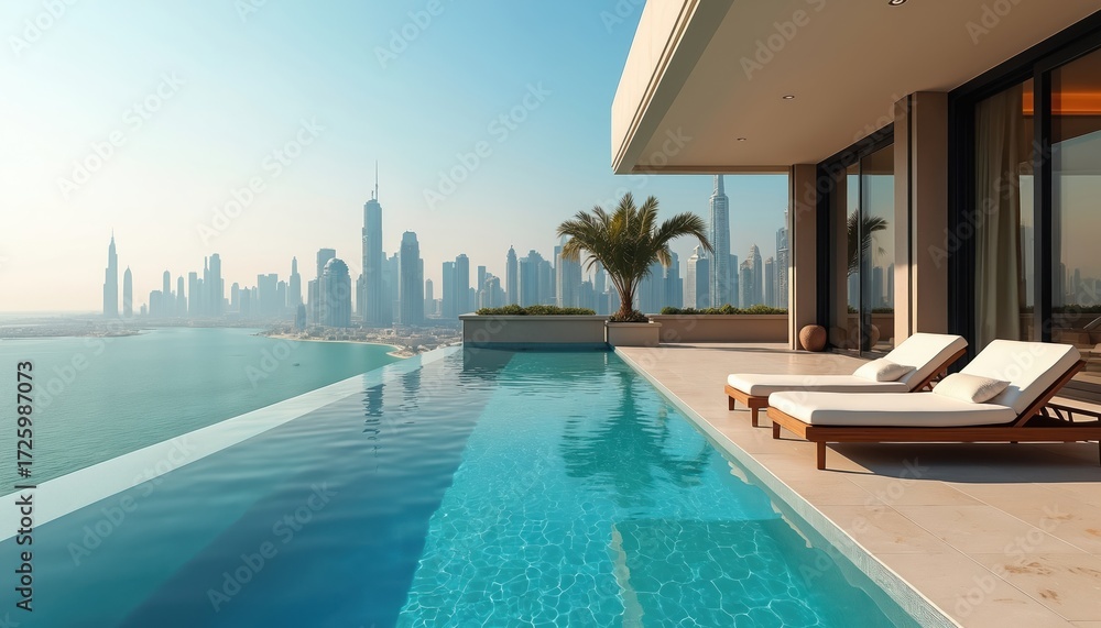 Naklejka premium Infinity pool at luxury penthouse overlooks Dubai skyline. Modern architecture, sun loungers ready for relaxation. Cityscape waterfront property offers stunning vacation vibes. Ocean view, palm