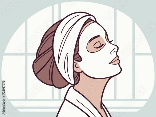 Young woman relaxing with sheet mask in spa setting indoors  
