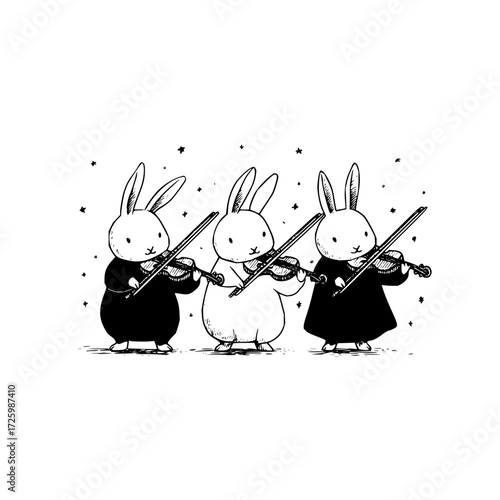 Three rabbits in coats playing violins in a row with stars scattered around in a black and white drawing