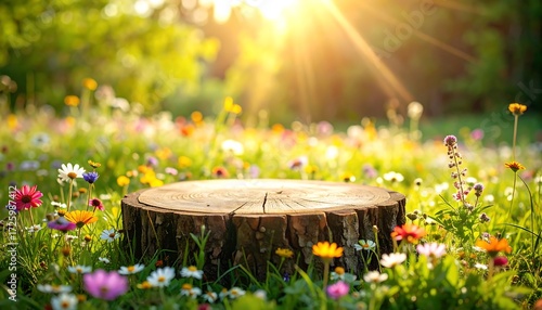 A sunlit wooden stump in a vibrant meadow