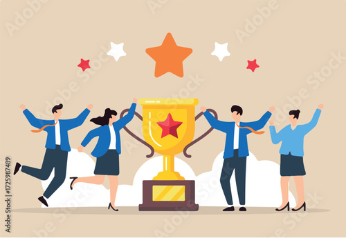 Flat illustration of business people with stars and rewards representing employee engagement and job satisfaction