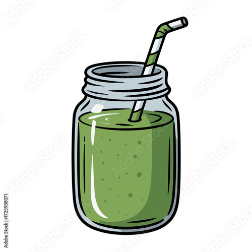 Green smoothie in jar, healthy drink, hand-drawn illustration, vibrant colors, wellness beverage concept