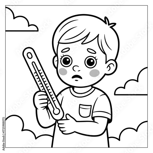 Child with thermometer, worried expression, coloring page for kids, black and white outline, educational activity