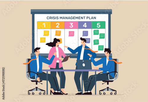 Vector illustration of colleagues preparing crisis management plan with sticky notes on whiteboard emergency response
