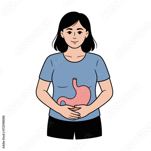 Woman holding her stomach, concerned expression, hand-drawn illustration, health awareness, colorful design