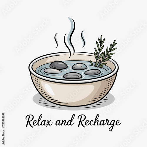 Foot bath bowl with stones, relaxing concept, hand-drawn illustration, spa treatment, wellness and recharge