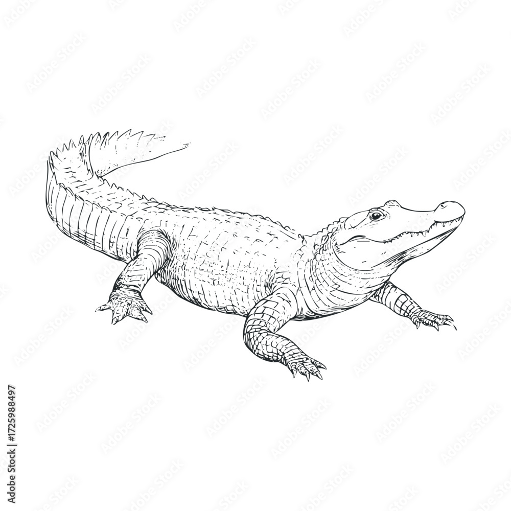 Fototapeta premium Detailed sketch of a crocodile on a neutral surface. Vector black icon