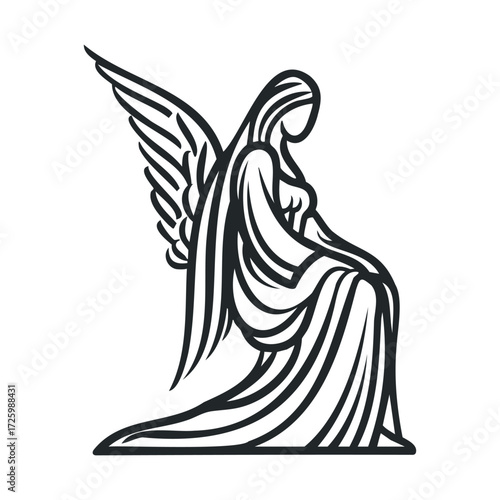 Elegant angel figure with wings in serene pose for design use. Vector black icon