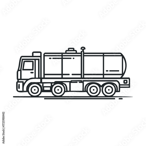 Detailed black line drawing of a fuel tanker truck on the road. Vector black icon