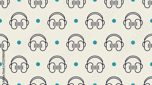 A repeating pattern of black outline headphones and blue dots on a light beige background surface view