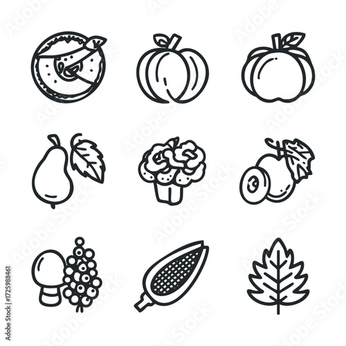 Collection of hand drawn fruits and vegetables for seasonal designs. Vector black icon