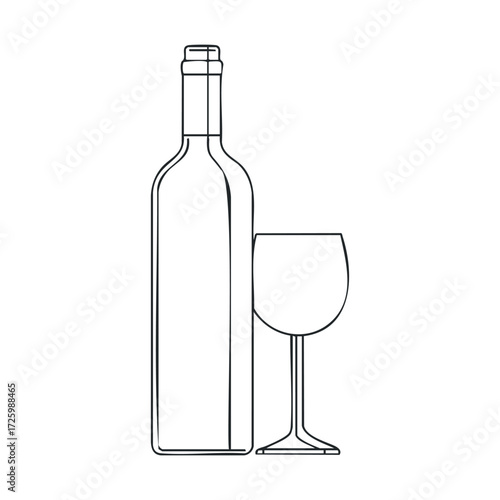 Wine bottle and glass arrangement for elegant dining experience. Vector black icon