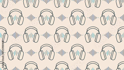 Seamless pattern featuring headphones and sound waves on a light beige background in a repeating design
