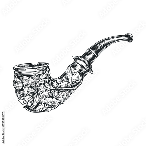 Vintage smoking pipe with intricate floral design for collectors. Vector black icon