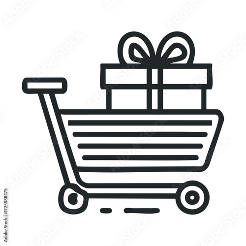 Shopping cart with gift box for special occasions and celebrations. Vector black icon