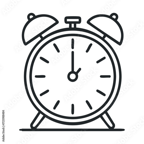Classic alarm clock showing time with bells ringing on top. Vector black icon