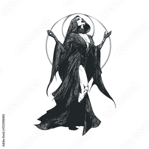 Dark figure with flowing robes and mystical symbols. Vector black icon