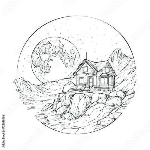Cozy cottage by the sea with a stunning moonlit backdrop. Vector black icon