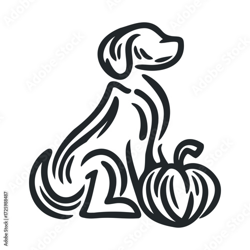 Dog sitting beside a pumpkin in a creative and playful design. Vector black icon