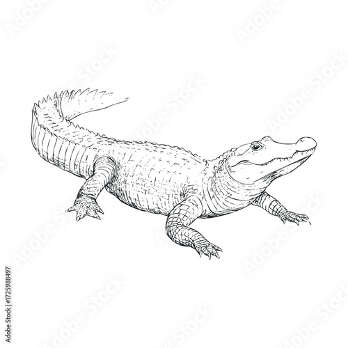 Detailed sketch of a crocodile on a neutral surface. Vector black icon