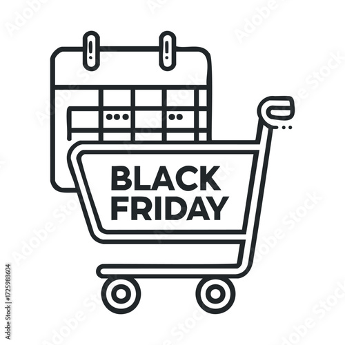 Black Friday shopping calendar event with shopping cart design. Vector black icon