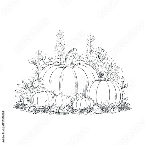 Autumn harvest arrangement with pumpkins and flowers for decoration. Vector black icon