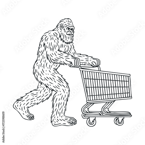 Bigfoot shopping at a grocery store with a cart. Vector black icon