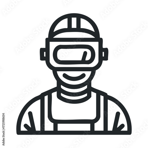 Welding worker with protective gear for industrial applications. Vector black icon