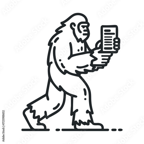 Bigfoot reading a list in a forest setting with trees around. Vector black icon