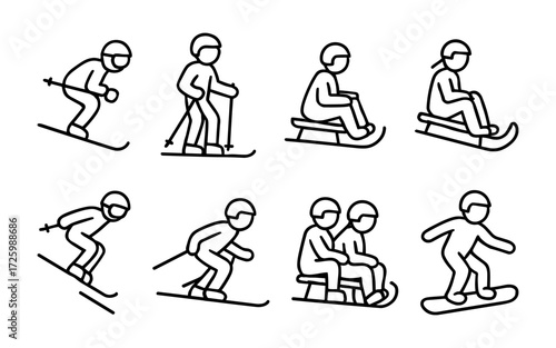 Adobe Illustrator ArtworkSet of black line icons showing people performing winter sports activities.