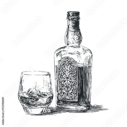Elegant whiskey bottle with glass on a wooden table. Vector black icon